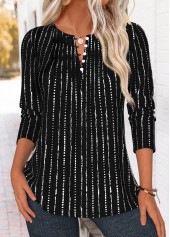 Black tops,Striped tops,Geometric tops,ROTITA Tuck Stitch Striped Black Split Neck T Shirt
