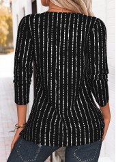 Black tops,Striped tops,Geometric tops,ROTITA Tuck Stitch Striped Black Split Neck T Shirt