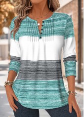 ROTITA Tuck Stitch Striped Mint Green Split Neck T Shirt