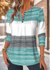 Mint Green tops,Striped tops,Geometric tops,ROTITA Tuck Stitch Striped Mint Green Split Neck T Shirt