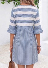 Blue dresses,Striped dresses,Geometric dresses,Everyday dresses,Casual dresses,ROTITA Blue Striped Tummy Coverage Short Split Neck Dress