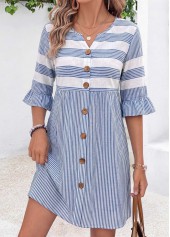 ROTITA Blue Striped Tummy Coverage Short Split Neck Dress