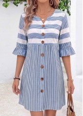 Blue dresses,Striped dresses,Geometric dresses,Everyday dresses,Casual dresses,ROTITA Blue Striped Tummy Coverage Short Split Neck Dress