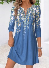 ROTITA Blue Floral Print Tuck Stitch Short Split Neck Dress