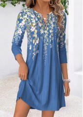 Blue dresses,Floral dresses,Plants dresses,Everyday dresses,Casual dresses,ROTITA Blue Floral Print Tuck Stitch Short Split Neck Dress
