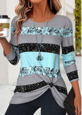 ROTITA Twist Striped Mint Green Round Neck T Shirt