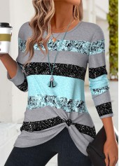 Mint Green tops,Striped tops,Geometric tops,ROTITA Twist Striped Mint Green Round Neck T Shirt