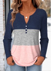 ROTITA Button Multi Color Split Neck Long Sleeve T Shirt