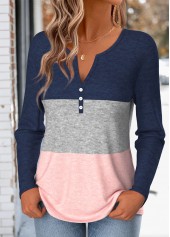 Multi Color tops,Contrast Color tops,ROTITA Button Multi Color Split Neck Long Sleeve T Shirt