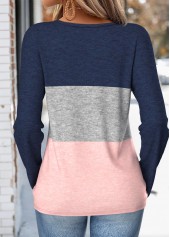 Multi Color tops,Contrast Color tops,ROTITA Button Multi Color Split Neck Long Sleeve T Shirt