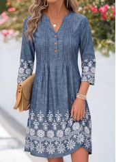 ROTITA Denim Blue Tribal Print Tuck Stitch Short Dress