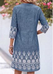 Denim Blue dresses,Tribal dresses,Everyday dresses,Casual dresses,ROTITA Denim Blue Tribal Print Tuck Stitch Short Dress