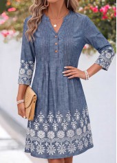 Denim Blue dresses,Tribal dresses,Everyday dresses,Casual dresses,ROTITA Denim Blue Tribal Print Tuck Stitch Short Dress