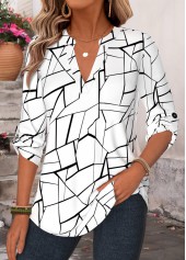 ROTITA Curved Hem Geometric Print White Split Neck Shirt