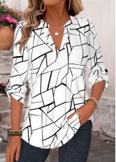 White tops,Geometric tops,ROTITA Curved Hem Geometric Print White Split Neck Shirt