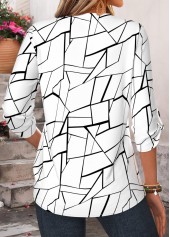 White tops,Geometric tops,ROTITA Curved Hem Geometric Print White Split Neck Shirt