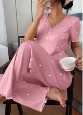 Heart Print Pink V Neck Lounge Top and Pants