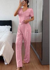 Pink loungewear,Heart loungewear,Heart Print Pink V Neck Lounge Top and Pants