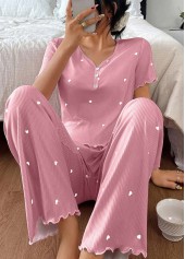 Pink loungewear,Heart loungewear,Heart Print Pink V Neck Lounge Top and Pants