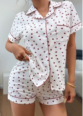 White loungewear,Heart loungewear,Heart Print White Short Sleeve Lounge Top and Shorts