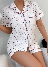 White loungewear,Heart loungewear,Heart Print White Short Sleeve Lounge Top and Shorts
