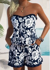 Navy swimwear,Plants swimwear,Floral swimwear,ROTITA Navy Frill Random Floral Print One Piece Swimwear
