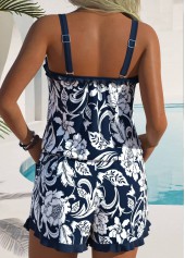 Navy swimwear,Plants swimwear,Floral swimwear,ROTITA Navy Frill Random Floral Print One Piece Swimwear