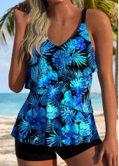 ROTITA Blue Asymmetry Leaf Print High Waisted Tankini Set