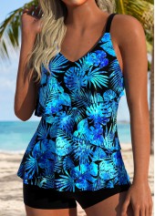 Blue swimwear,Plants swimwear,ROTITA Blue Asymmetry Leaf Print High Waisted Tankini Set
