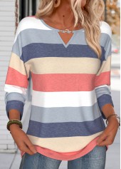 ROTITA Tummy Coverage Striped Navy Round Neck T Shirt