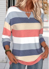 Multi Color tops,Striped tops,Geometric tops,ROTITA Tummy Coverage Striped Navy Round Neck T Shirt