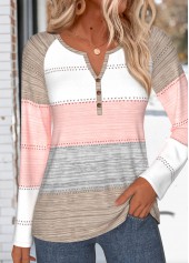 ROTITA Tummy Coverage Striped Multi Color Split Neck T Shirt