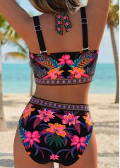 Black swimwear,Floral swimwear,Plants swimwear,ROTITA Black Layered Floral Print Mid Waisted Bikini Set