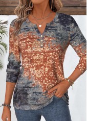 ROTITA Curved Hem Tribal Print Dusty Blue T Shirt