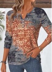 Dusty Blue tops,Tribal tops,ROTITA Curved Hem Tribal Print Dusty Blue T Shirt