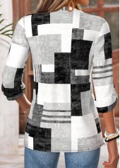 Dark Grey tops,Geometric tops,ROTITA Tummy Coverage Geometric Print Dark Grey Split Neck Blouse