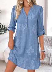 ROTITA Blue Tummy Coverage Short Split Neck Long Sleeve Dress