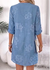 Blue dresses,Plain Color dresses,Everyday dresses,Casual dresses,ROTITA Blue Tummy Coverage Short Split Neck Long Sleeve Dress