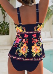 Navy swimwear,Floral swimwear,Plants swimwear,ROTITA Navy Layered Floral Print Mid Waisted Tankini Set