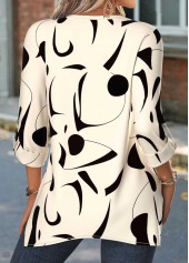 Beige tops,Geometric tops,ROTITA Patchwork Geometric Print Beige Split Neck 3/4 Sleeve Blouse