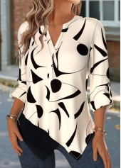 Beige tops,Geometric tops,ROTITA Patchwork Geometric Print Beige Split Neck 3/4 Sleeve Blouse
