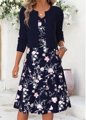 ROTITA Navy Floral Print Double Side Pockets V Neck Dress