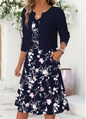 Navy dresses,Floral dresses,Plants dresses,Everyday dresses,Casual dresses,ROTITA Navy Floral Print Double Side Pockets V Neck Dress