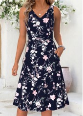 Navy dresses,Floral dresses,Plants dresses,Everyday dresses,Casual dresses,ROTITA Navy Floral Print Double Side Pockets V Neck Dress