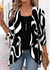 ROTITA Geometric Print Black Long Sleeve Fake Two Piece Twinset
