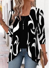 Black tops,Geometric tops,ROTITA Geometric Print Black Long Sleeve Fake Two Piece Twinset