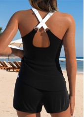 Black swimwear,Plain Color swimwear,ROTITA Black Patchwork Mid Waisted Tankini Set