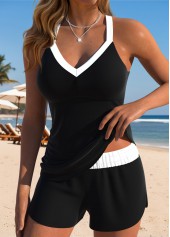 Black swimwear,Plain Color swimwear,ROTITA Black Patchwork Mid Waisted Tankini Set