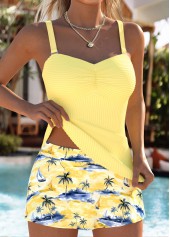 Light Yellow swimwear,Plants swimwear,ROTITA Light Yellow Two-piece Tropical Plants Print Tankini Set