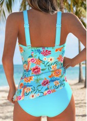 Cyan swimwear,Plants swimwear,Floral swimwear,ROTITA Cyan Fake 2in1 Random Floral Print Tankini Set